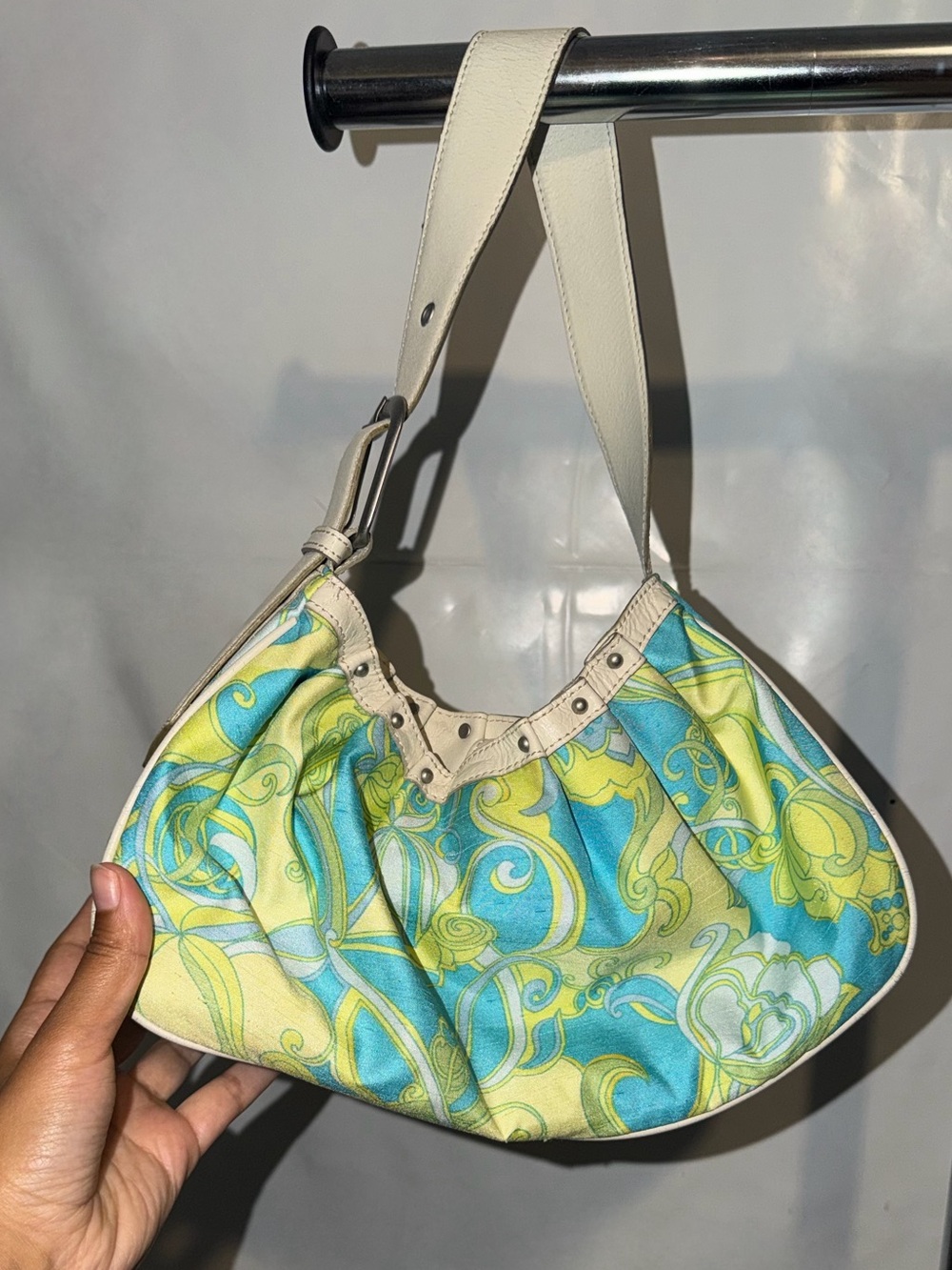Vintage Michel Klein Paris Floral Paisley Print Hobo Bag - Turquoise & Lime